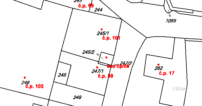 Bušovice 48589730 na parcele st. 245/2 v KÚ Bušovice, Katastrální mapa