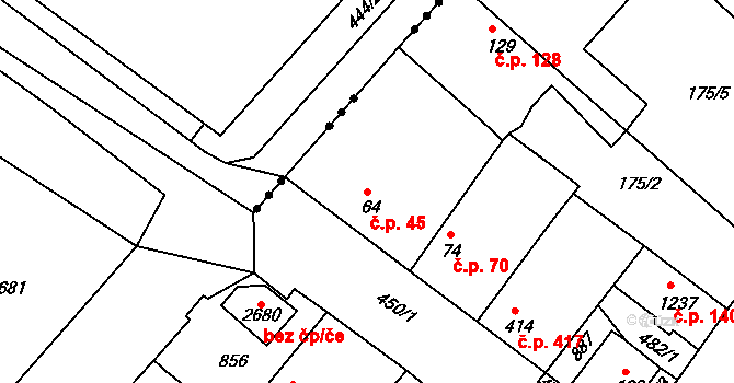 Neratovice 45 na parcele st. 64 v KÚ Neratovice, Katastrální mapa