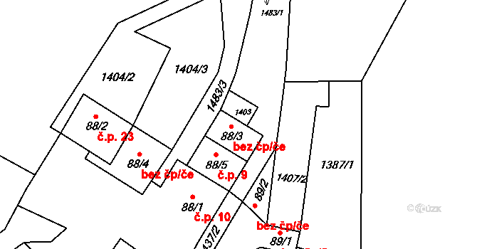 Nuzbely 8, Radenín na parcele st. 88/3 v KÚ Hroby, Katastrální mapa
