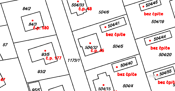 Meclov 45 na parcele st. 504/32 v KÚ Meclov, Katastrální mapa