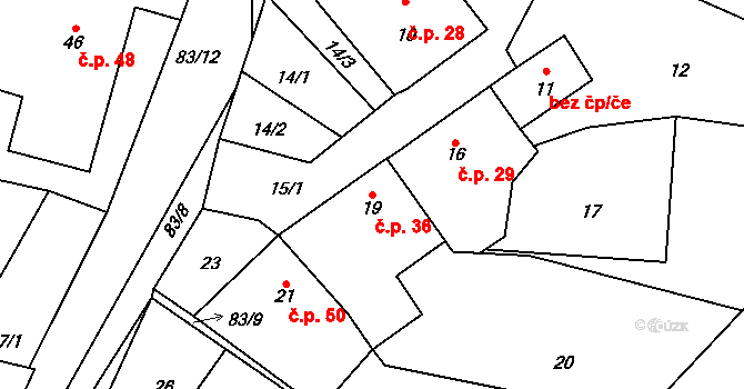 Chrudichromy 36 na parcele st. 19 v KÚ Chrudichromy, Katastrální mapa