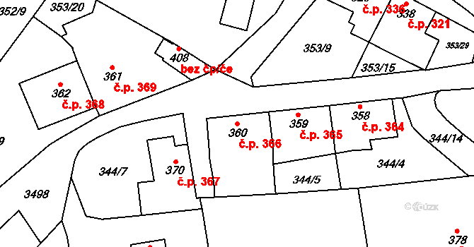 Lysice 366 na parcele st. 360 v KÚ Lysice, Katastrální mapa