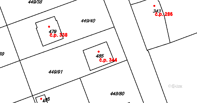 Merklín 344 na parcele st. 485 v KÚ Merklín u Přeštic, Katastrální mapa