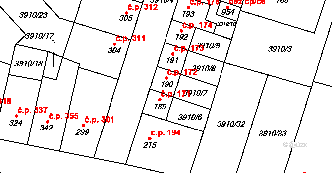 Lenešice 172 na parcele st. 190 v KÚ Lenešice, Katastrální mapa