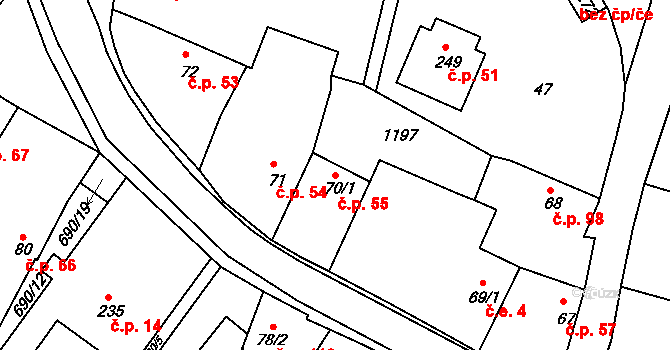 Herálec 55 na parcele st. 70/1 v KÚ Herálec, Katastrální mapa