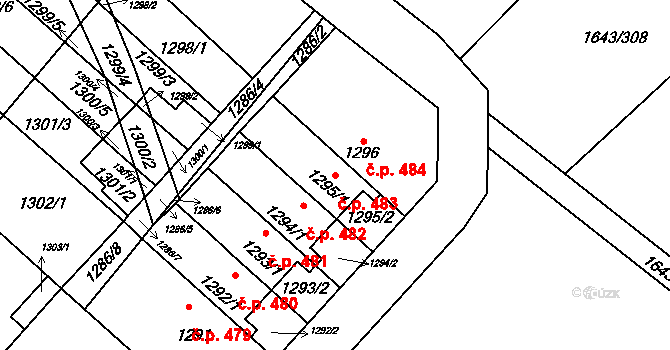 Drnholec 483 na parcele st. 1295/1 v KÚ Drnholec, Katastrální mapa