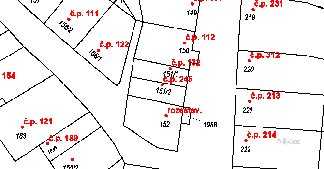 Šakvice 245 na parcele st. 151/2 v KÚ Šakvice, Katastrální mapa