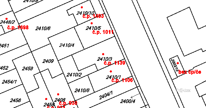 Holešov 1139 na parcele st. 2410/3 v KÚ Holešov, Katastrální mapa