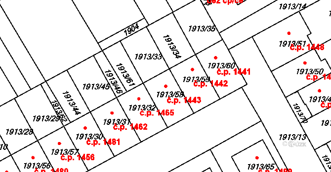 Holešov 1443 na parcele st. 1913/58 v KÚ Holešov, Katastrální mapa