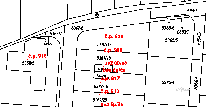 Střelice 925 na parcele st. 5367/18 v KÚ Střelice u Brna, Katastrální mapa
