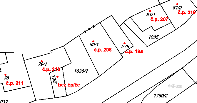Jevišovice 208 na parcele st. 80/1 v KÚ Jevišovice, Katastrální mapa