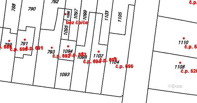 Troubky 695 na parcele st. 1102 v KÚ Troubky nad Bečvou, Katastrální mapa