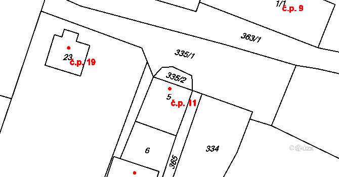 Zderadinky 11, Kácov na parcele st. 5 v KÚ Zderadinky, Katastrální mapa