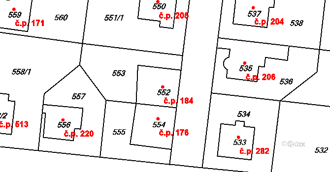 Žižkov 184, Kutná Hora na parcele st. 552 v KÚ Kutná Hora, Katastrální mapa
