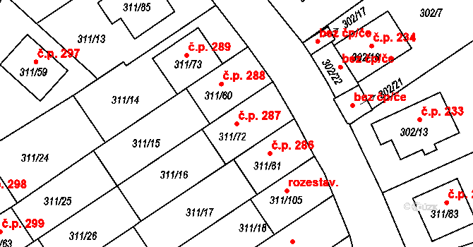 Hrdějovice 287 na parcele st. 311/72 v KÚ Hrdějovice, Katastrální mapa