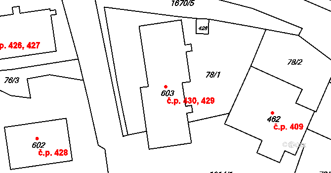 Hazlov 429,430 na parcele st. 603 v KÚ Hazlov, Katastrální mapa