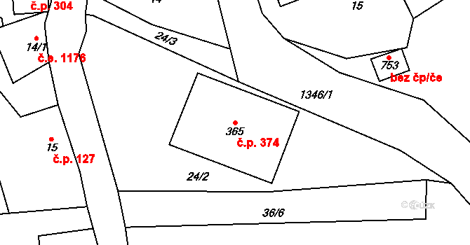 Janov nad Nisou 374 na parcele st. 365 v KÚ Janov nad Nisou, Katastrální mapa