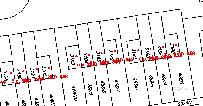 Lyžbice 851, Třinec na parcele st. 3185 v KÚ Lyžbice, Katastrální mapa