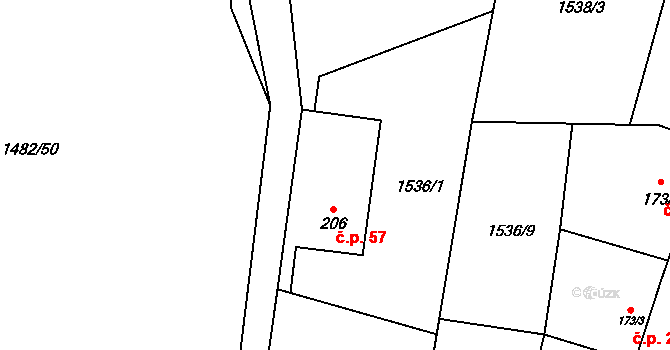 Hasina 57, Rožďalovice na parcele st. 206 v KÚ Hasina, Katastrální mapa