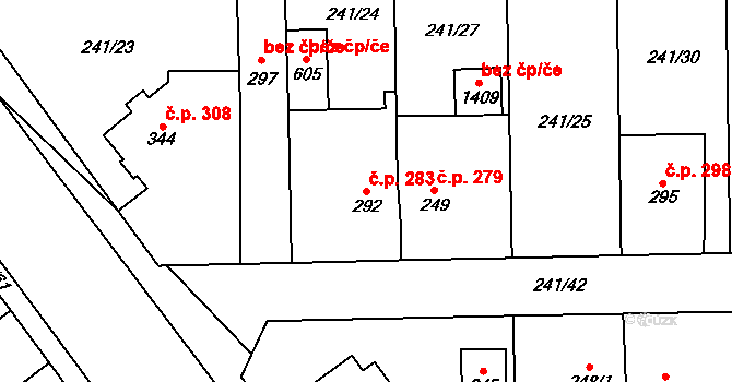 Horoměřice 283 na parcele st. 292 v KÚ Horoměřice, Katastrální mapa