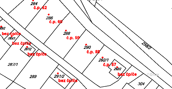 Popůvky 58 na parcele st. 290 v KÚ Popůvky u Brna, Katastrální mapa