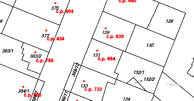 Lužice 664 na parcele st. 131 v KÚ Lužice u Hodonína, Katastrální mapa