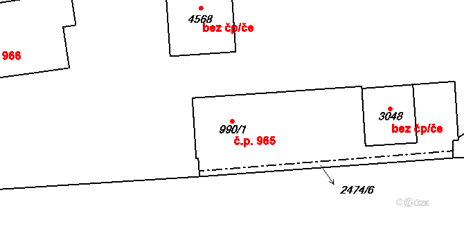 Kyjov 965 na parcele st. 990/1 v KÚ Kyjov, Katastrální mapa