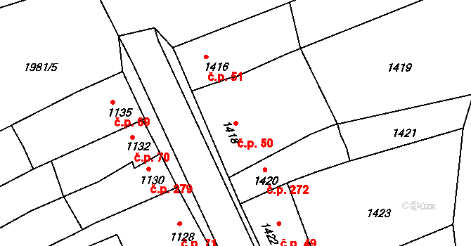 Ivanovice na Hané 50 na parcele st. 1418 v KÚ Ivanovice na Hané, Katastrální mapa