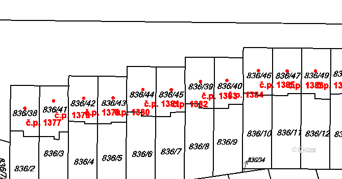 Slavkov u Brna 1382 na parcele st. 836/45 v KÚ Slavkov u Brna, Katastrální mapa