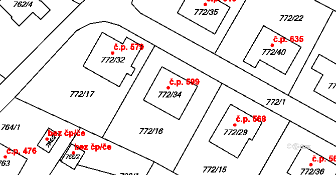 Fryčovice 599 na parcele st. 772/34 v KÚ Fryčovice, Katastrální mapa