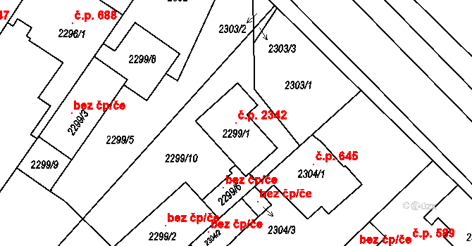 Bolevec 2342, Plzeň na parcele st. 2299/1 v KÚ Bolevec, Katastrální mapa