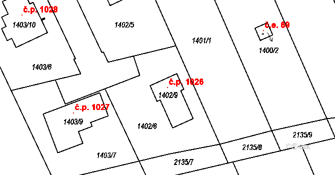 Velká Bystřice 1026 na parcele st. 1402/9 v KÚ Velká Bystřice, Katastrální mapa