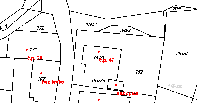 Konětopy 47, Milín na parcele st. 151/1 v KÚ Konětopy u Příbramě, Katastrální mapa
