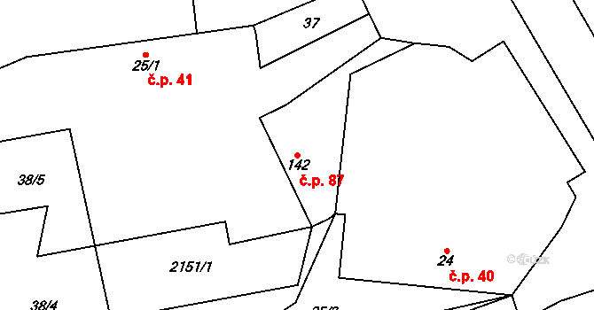 Běchary 87 na parcele st. 142 v KÚ Běchary, Katastrální mapa