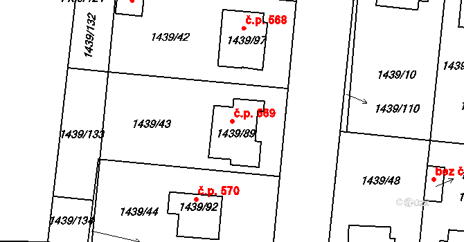 Březnice 569 na parcele st. 1439/89 v KÚ Březnice, Katastrální mapa