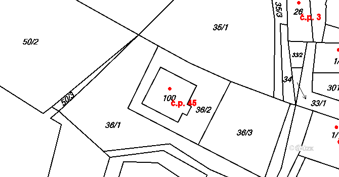 Žár 45, Vacov na parcele st. 100 v KÚ Žár u Čkyně, Katastrální mapa