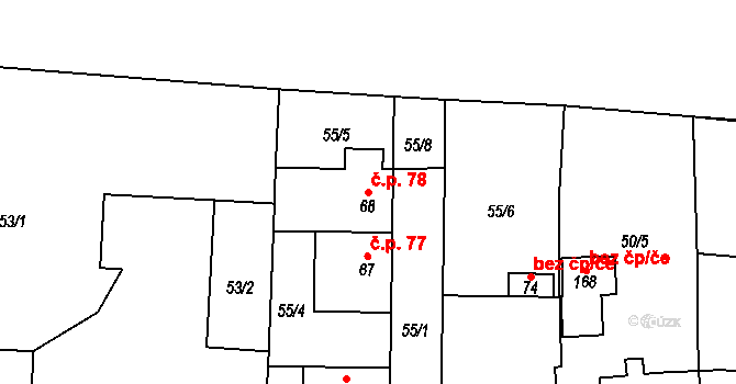 Píšťany 78 na parcele st. 68 v KÚ Píšťany, Katastrální mapa