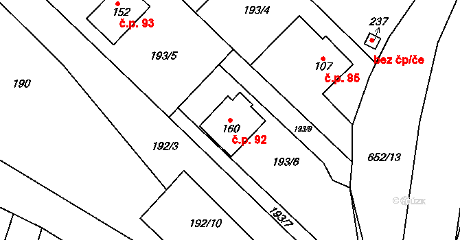 Říčky 92, Orlické Podhůří na parcele st. 160 v KÚ Říčky u Orlického Podhůří, Katastrální mapa