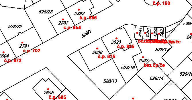 Borovina 675, Třebíč na parcele st. 2606 v KÚ Třebíč, Katastrální mapa
