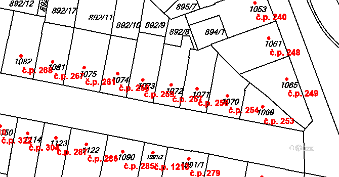 Horka-Domky 257, Třebíč na parcele st. 1072 v KÚ Třebíč, Katastrální mapa