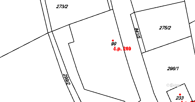 Sebranice 269 na parcele st. 99 v KÚ Pohora, Katastrální mapa