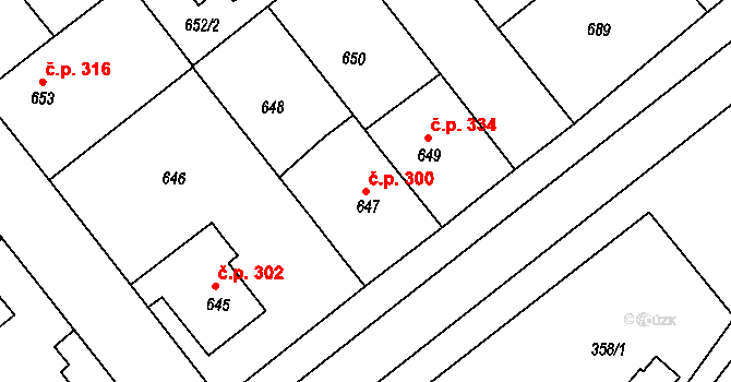Jarošov 300, Uherské Hradiště na parcele st. 647 v KÚ Jarošov u Uherského Hradiště, Katastrální mapa