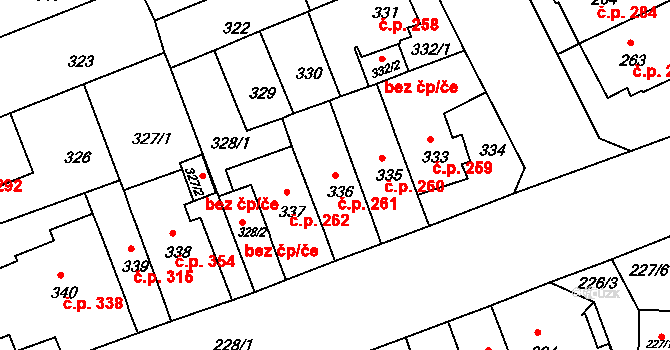 Komárov 261, Brno na parcele st. 336 v KÚ Komárov, Katastrální mapa