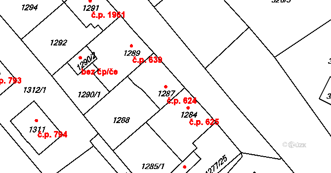 Pelhřimov 624 na parcele st. 1287 v KÚ Pelhřimov, Katastrální mapa