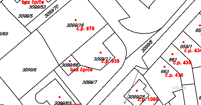 Pelhřimov 939 na parcele st. 3099/17 v KÚ Pelhřimov, Katastrální mapa