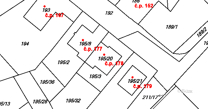 Hudcov 178, Teplice na parcele st. 195/20 v KÚ Hudcov, Katastrální mapa