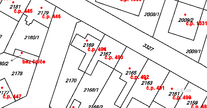 Michle 493, Praha na parcele st. 2167 v KÚ Michle, Katastrální mapa