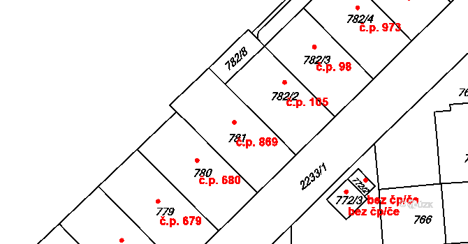 Střešovice 869, Praha na parcele st. 781/1 v KÚ Střešovice, Katastrální mapa
