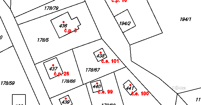 Lhotka 101, Svinaře na parcele st. 438 v KÚ Svinaře, Katastrální mapa