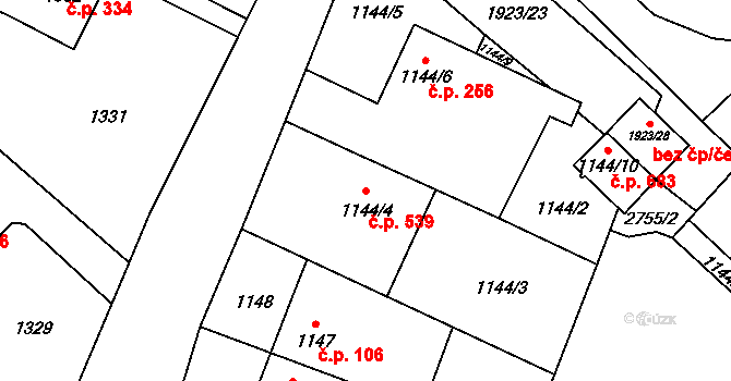 Zbýšov 539 na parcele st. 1144/4 v KÚ Zbýšov u Oslavan, Katastrální mapa